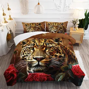 3D Leopard Comforter Set Queen Size, Red Rose Flower Bedding Set for Boys Teens,Wild Animal Leopard Print Duvet Set for Bedroom,1 and 2 Pillowcases,3 Pieces
