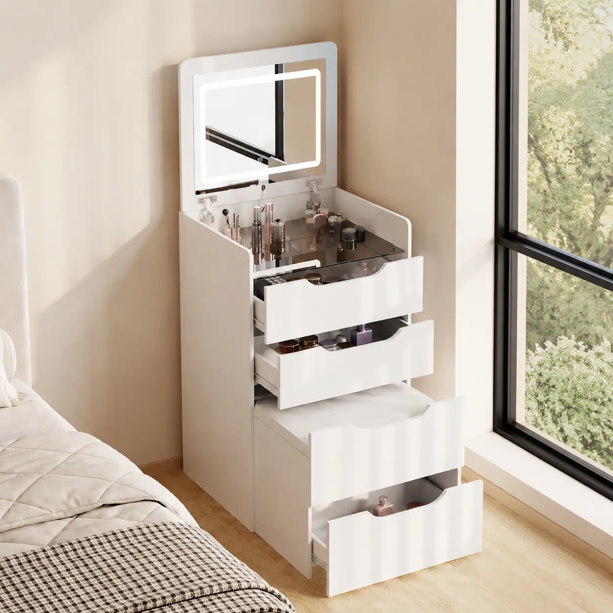 White 3-in-1 Compact Makeup Vanity Set - Adjustable Built-in Lighting Mirror, Transparent Glass Tabletop, Flip-Top Design, 3 Drawers, Matching Storage Stool - Home Decor Vanity Makeup for Bedroom, Teenagers