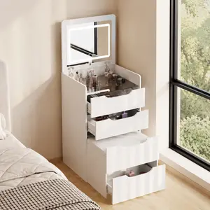 Compact 3-in-1 Vanity Set , Featuring a Mirror with Built-in Lighting, Transparent Glass Tabletop, Flip-Top Design, and 3 Drawers,Includes a Matching Storage Stool, Ideal for the Bedroom,White