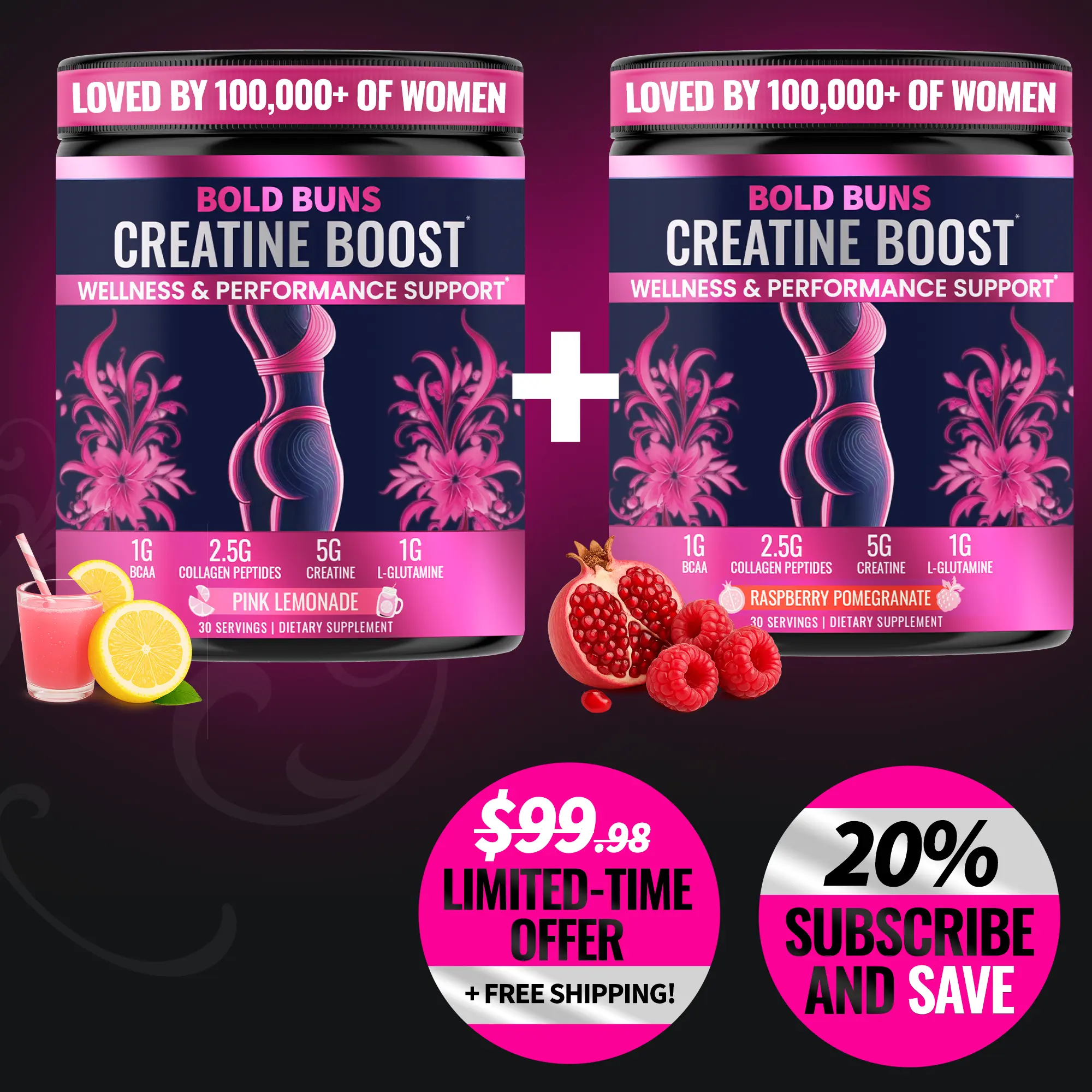 2 Pack - Mixed Flavors | Bold Buns Creatine for Women – Supports Strength, Skin Glow & Hair Heath and Faster Recover (PInk Lemonade + Raspberry Pomegranate)