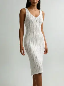 Women's V Neck Hollow Out Knitted Dress, Casual Long Sleeve Maxi Dresses for Women, Elegant Plain Design for Daily Wear