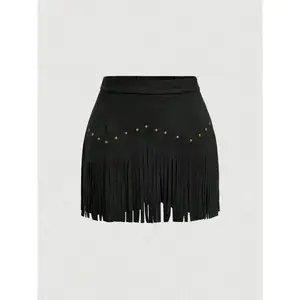 Women's Fringe Trim Short Skirt, Chic Elegant Solid Color Zipper Skirt for Daily Wear, Ladies Bottoms for All Seasons, Skirts, Fringe Skort, Womenswear