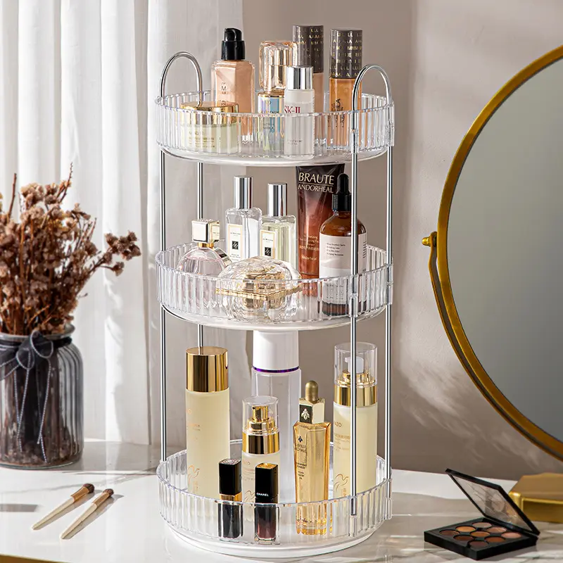 Transparent 3-Tier Round Acrylic Makeup Organizer - Large 360-Rotation Acrylic Boxes Vanity Cosmetic Holder for Home Pantry, Dorm Room Storage (Home Supplies, Bathroom Gadgets)