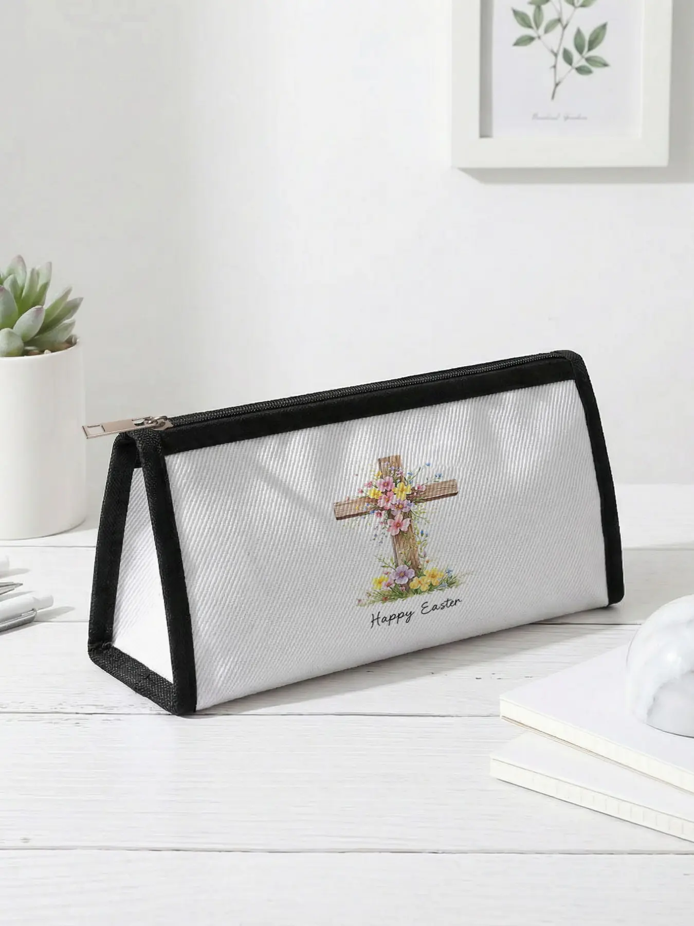 Easter Limited Edition Cross Pattern Pen Bag, 2D Printed Triangle Capacity, Portable Size, Student School Office Storage, Holiday Practicality