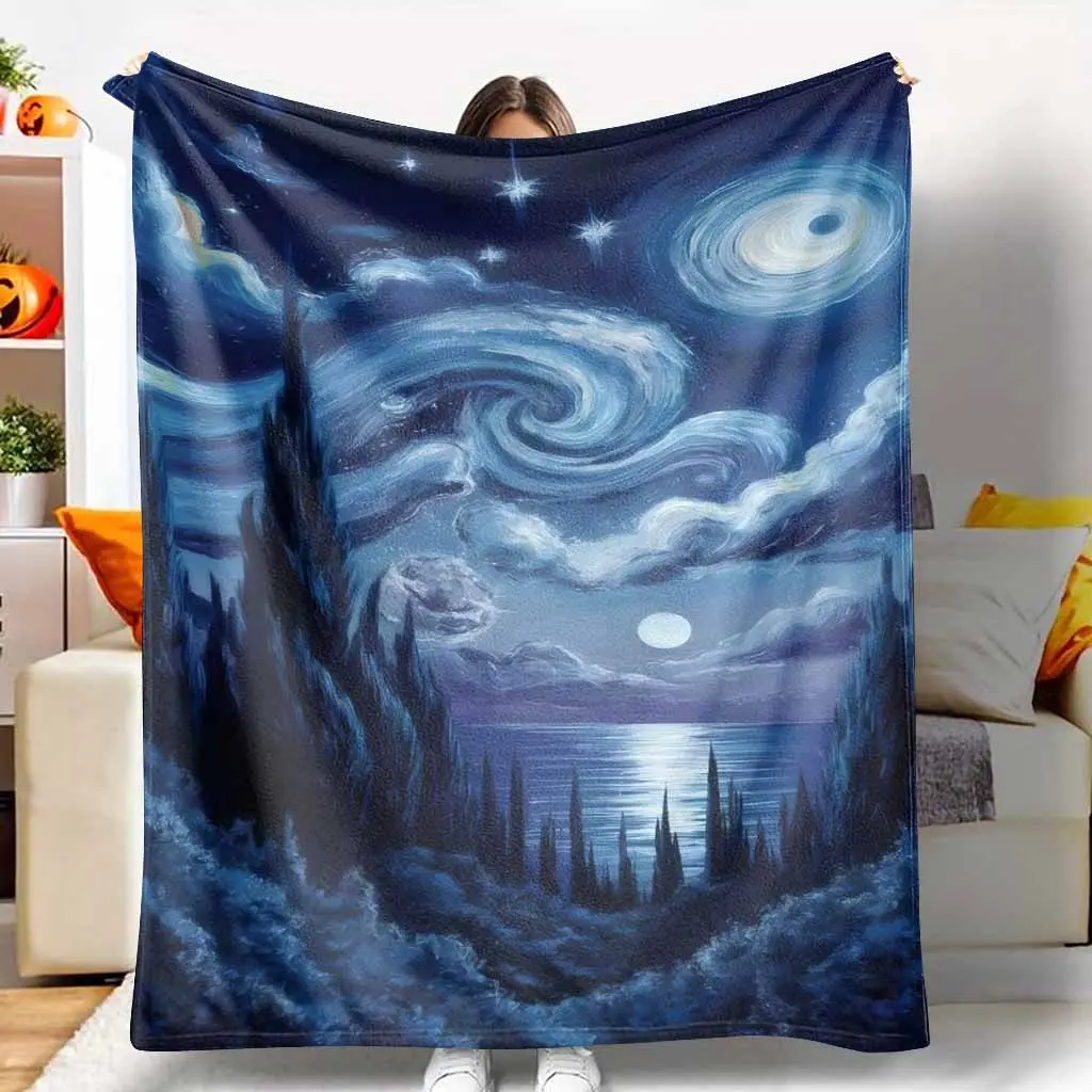 Van Gogh Inspired Starry Night Ocean View Flannel Blanket - Stylish, Soft, Warm, Lightweight Decorative Giftable Blanket for Bedroom, Travel, TikTok Shop Spring Glow Up Cozy Aesthetic Throw, Decorative Giftable Blankets