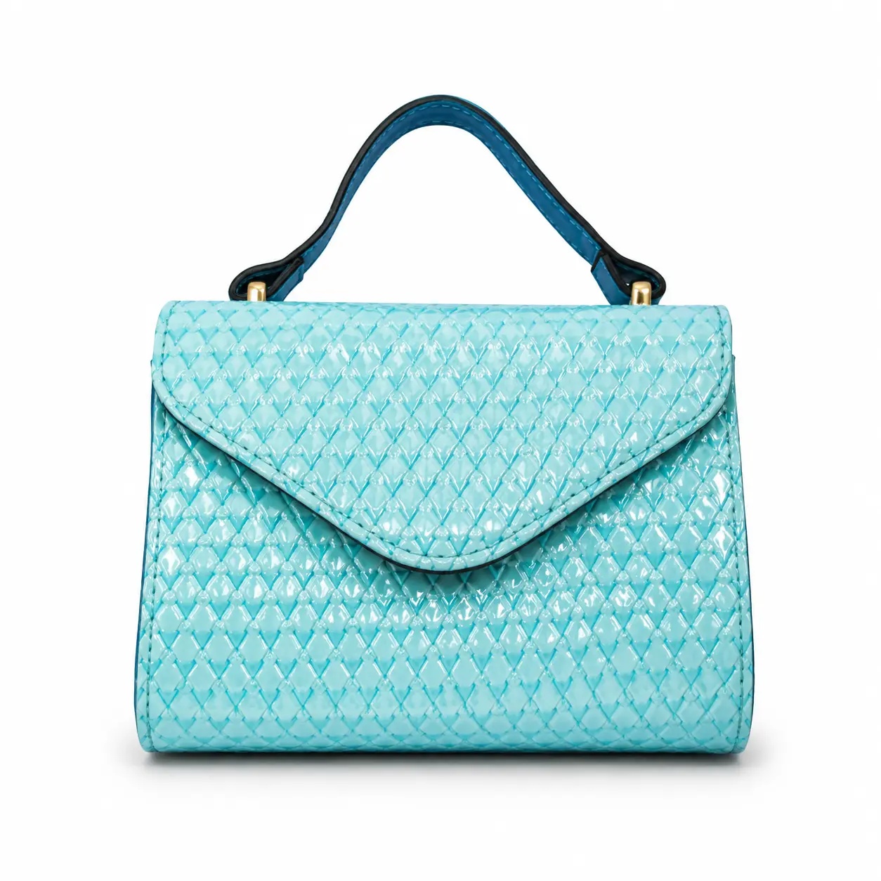 Women’s Turquoise Blue Woven-Embossed Top Handle Handbag, Small Structured Satchel Purse with Glossy Finish, Flap Design and Gold-Tone Hardware, Fashion Bag for Work, Dates and Parties erin ita casual everyday hobo horse clementine