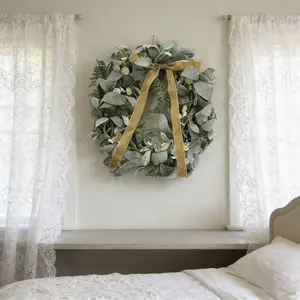 Easter Daisy Wreath with Lamb's Ear Greenery and Gold Velvet Bow, Artificial Flower Ring for Spring Porch and Entrance Decor