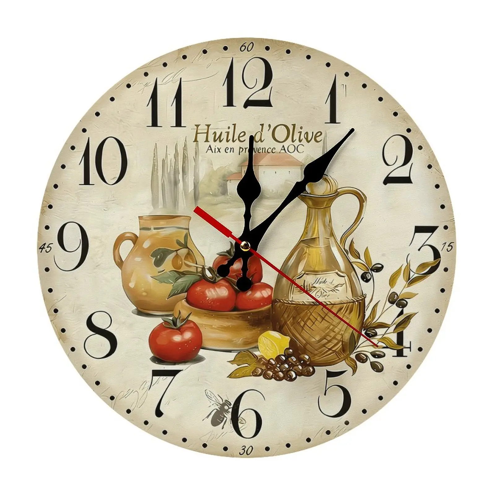 10-12 in Round Vintage French Provence Print Olive Oil Wooden Wall-Mounted Silent Clock - Rustic Tuscan Farmhouse Kitchen Room Decor (Rustic Wall Clocks Collection)