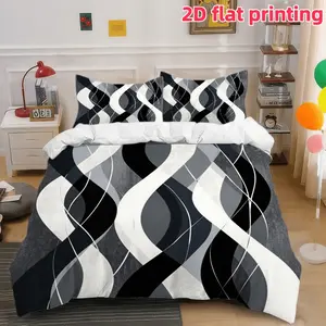 2D Flat 3Pcs Abstract Geometric Bedding, Black and White Wavy Stripe Duvet Cover with 2 Pillowcases, Soft Microfiber Comforter for Bedroom Decor, Guest Room, Dorm, All Seasons