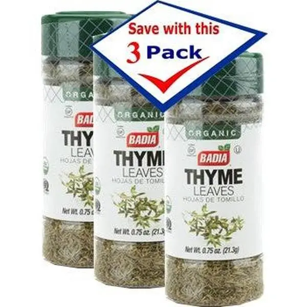 BADIA Organic Thyme Leaves, 0.75 oz, Pack of 3 - US-Grown Aromatic Herb Spice for Mediterranean Cooking Flavor Enhancement, Pure Premium Seasoning