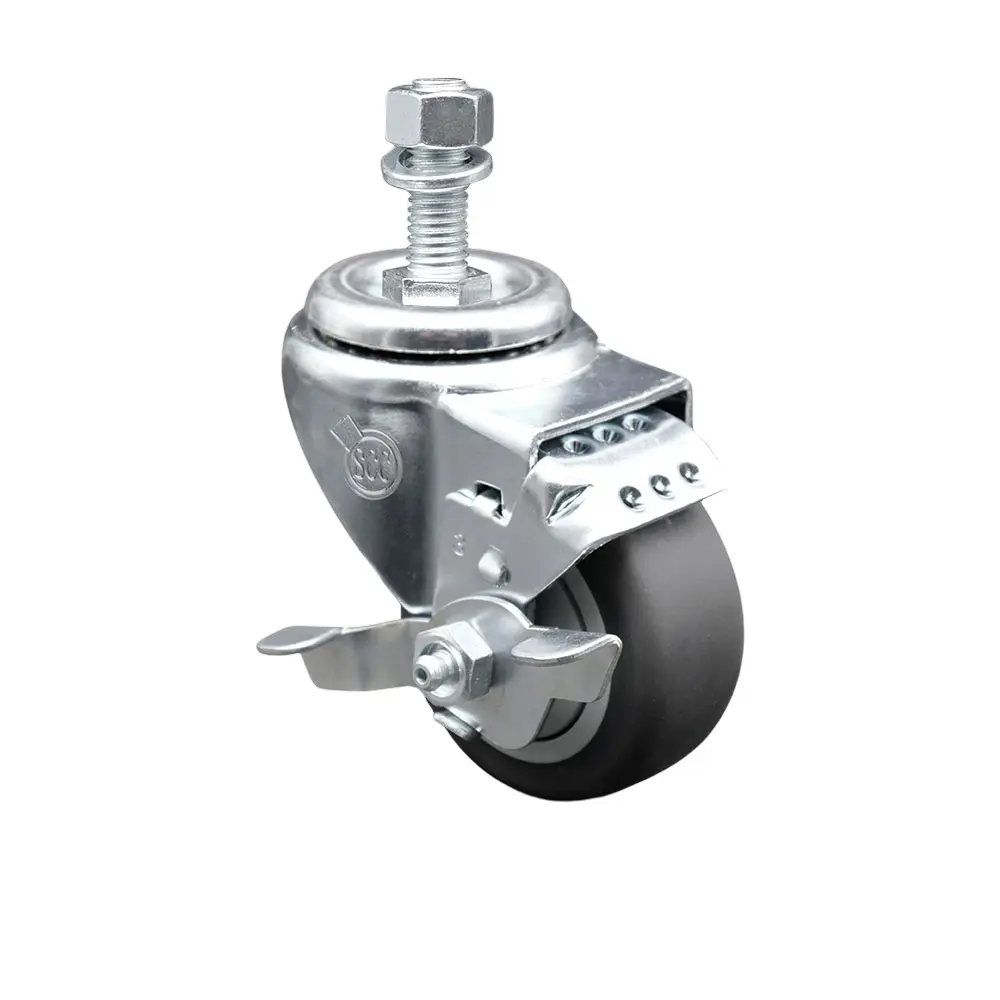 Service Caster Series No.20 SCC-TS20S314-TPRB-TLB-M1215 Swivel Threaded Stem Casters - 3"x1.25" Gray Plastic Wheel, 12 mm Metric Stem, Top Locking Brake, 210 lbs Capacity, for Material Handling Carts, Shop Projects