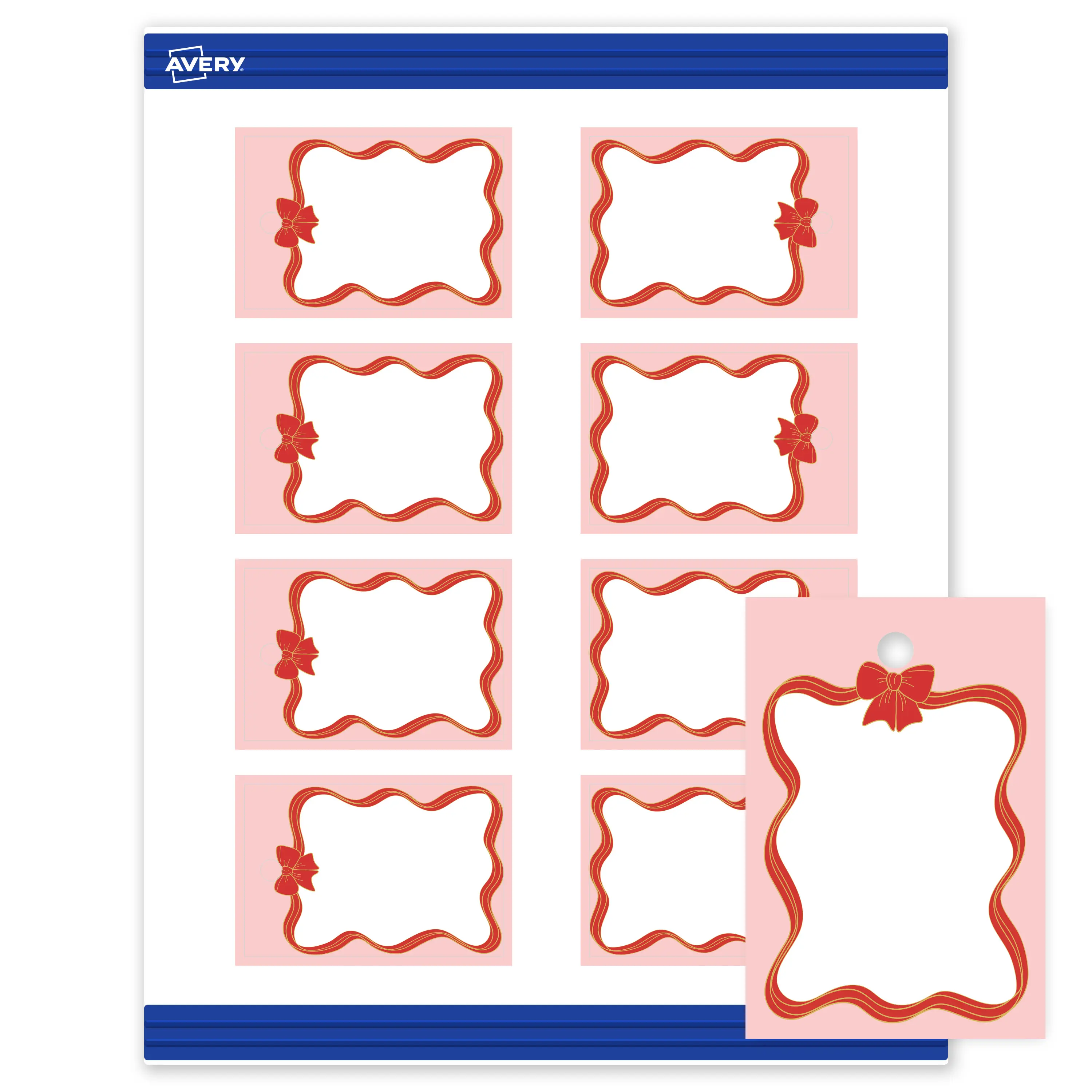 Avery® Printable Christmas Rectangle Tags, 2" x 3", Matte White, Pre-printed Pink Border/Red & Metallic Gold Bow Design, Sure Feed® Technology, Laser & Inkjet Compatible, 160 Total