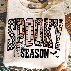 Retro Halloween Spooky Coquette Sweatshirt, Halloween Leopard Checkered Fall Pullover, Spooky Season Crewneck, Halloween Girly Fall Top