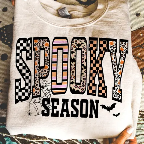 Retro Halloween Spooky Coquette Sweatshirt, Halloween Leopard Checkered Fall Pullover, Spooky Season Crewneck, Halloween Girly Fall Top