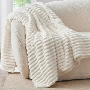 [New Deal]- Fleece Throw Blanket for Couch - 300GSM Soft & Warm Fluffy Cream White Blanket, Decorative and Giftable Striped Blankets for Women, Men, 50"x60"