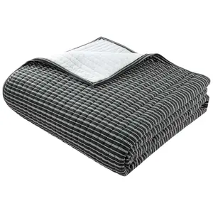 Cotton-Rich T-Shirt Soft Jersey Quilt, Queen/Full, Reversible, Black Stripe