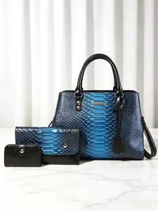 Elegant Snake Embossed Satchel Set, 3-in-1 Handbag with Matching Accessories, Stylish blue Shoulder Purse for Office & Events