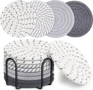 8PCS Absorbent Cotton Woven Drink Coasters Set with Holder - Heat-Resistant Tableware for Coffee Cups, Glasses