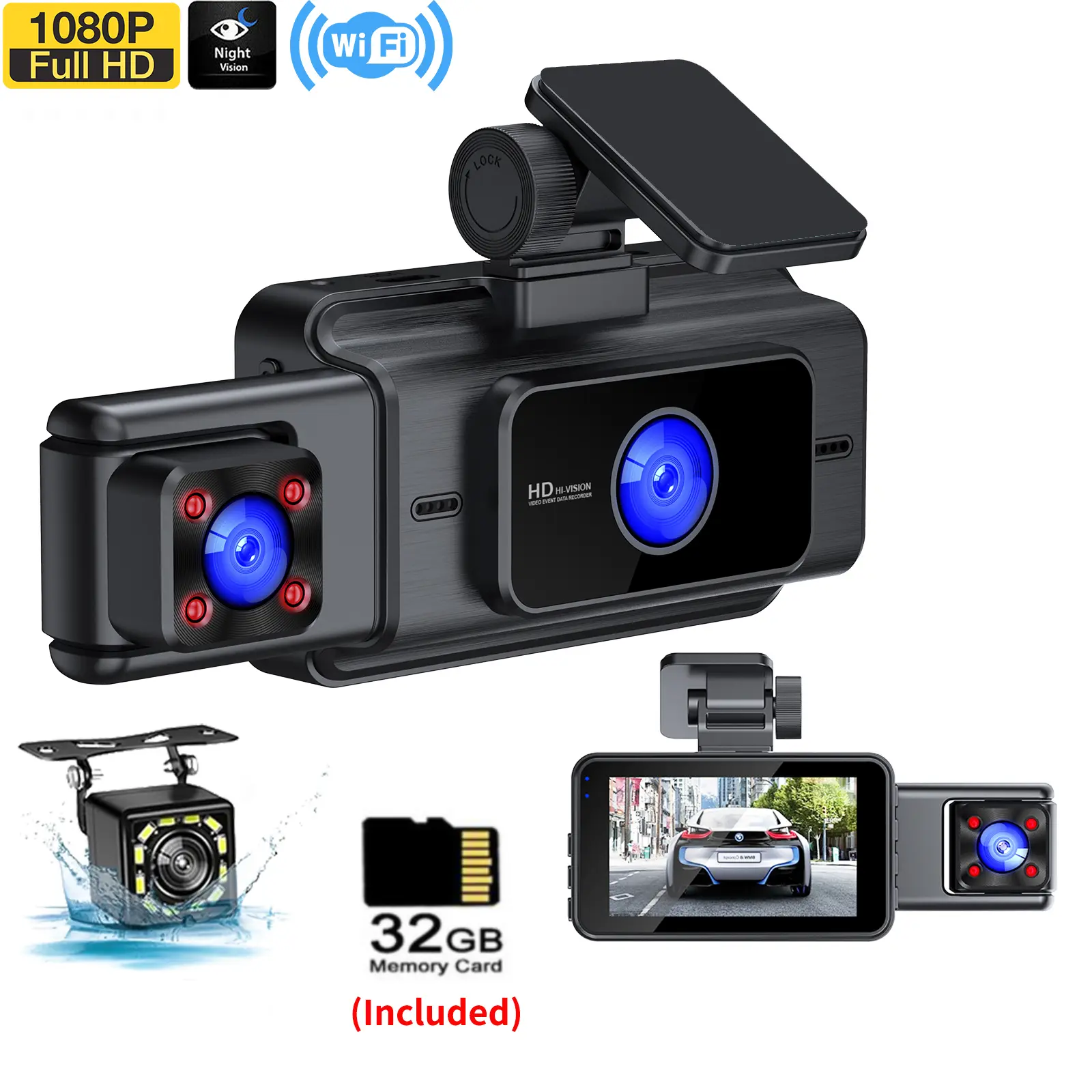 Full HD 1080P Dash Cam with Wi-Fi and 3 Lens Front & Cabin & Rear View Car DVR with 170° Wide Angle Night Vision and Loop Recording, 32G TF Card Included