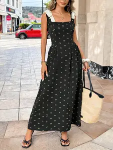 Elegant Black Gold Bow Print Square Neck Waist-Cinched Midi Dress Sweet & Edgy Black Gold Bow Print Retro Sleeveless Statement Midi Dress Vacation Style Black Gold Bow Print Flowy Square Neck Midi Dress