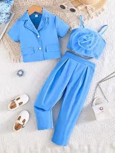 Girls' Fashion Summer Big Flower Strapless Top + Cardigan Jacket + Casual Long Pants Set, Three-Piece for Kids Floral Print Set