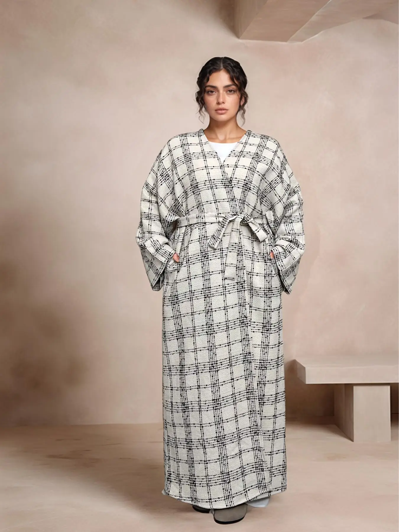 Women's Plaid Print Drop Shoulder Belted Pocket Robe, Casual Long Sleeve Open Front Robe for Fall & Winter, Women's Islamic Clothing for Daily Wear
