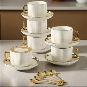 Ceramic Coffee Cup and Saucer Set with Gold Handle – Elegant Drinkware for Home & Office