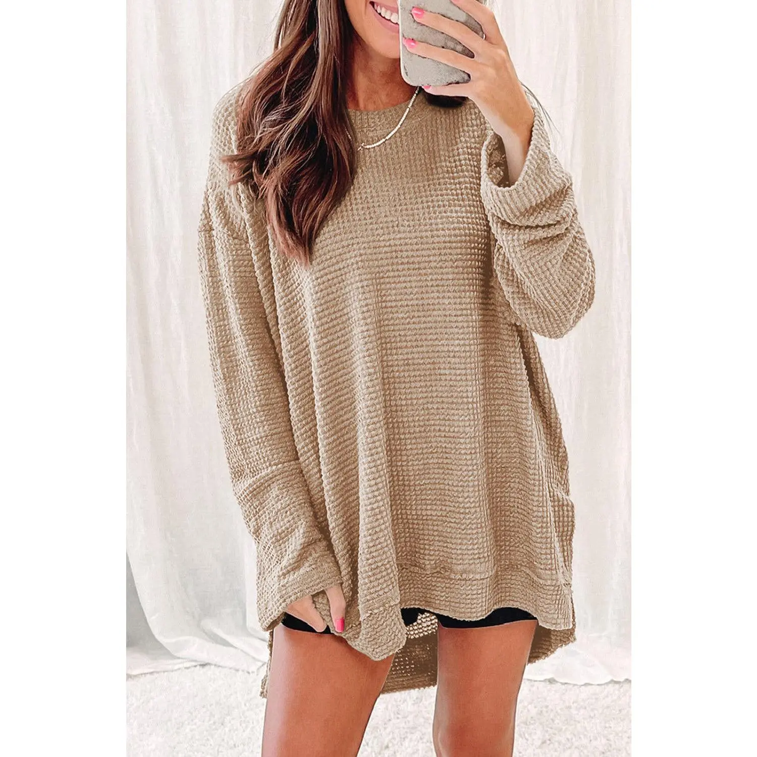 You'll Fall In Love Waffle Knit Long Sleeve Oversized Top | Cream | +Plus Available