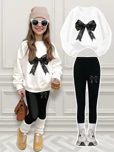 Girls' Bow Print Sweatshirt & Bottoms Set, Casual Elastic Waist Pants, Fall Winter Sports Wear, Outdoor Activities, Ages 4-12, Casual Fashion Set, Fashion Clothes Set, Children