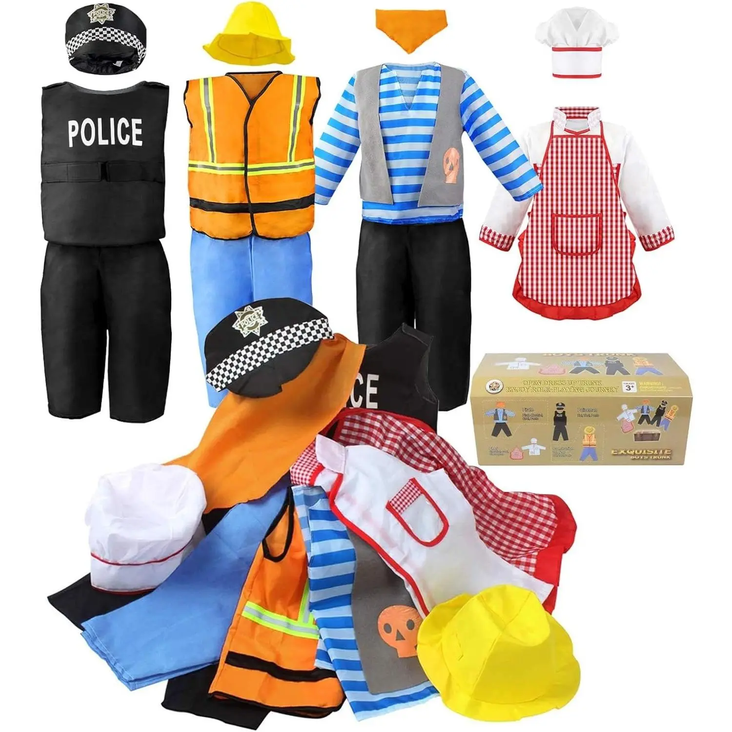 P-CPA03 Kids' 11pcs Dress Up Trunk Set - 100% Polyester Role Play Costumes (Pirate, Chef, Construction Worker, Policeman) with Chef Hat & Coat, Christmas Party Gift for 3-6 Year Olds, Construction Worker Costume, 4 Different Costumes