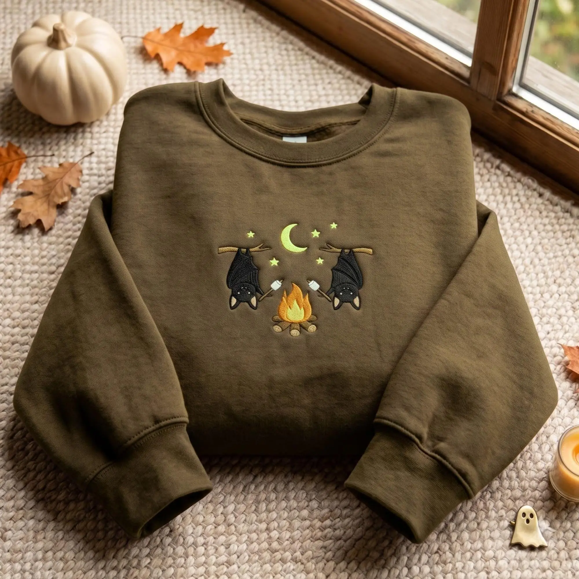 Women's Made in US Embroidered Bat Campfire Hoodie - Casual Spandex Yarn Jersey Sweatshirt, Cozy Fall Apparel