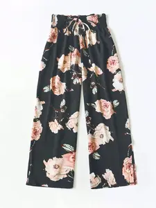 A women's black base flower Wide Legged Pants, suitable for commuting to work, shopping and outdoor activities, indoor dressing, Floral Palazzo, Daily Essential, Styling Essential, On Trend, Fall Layer