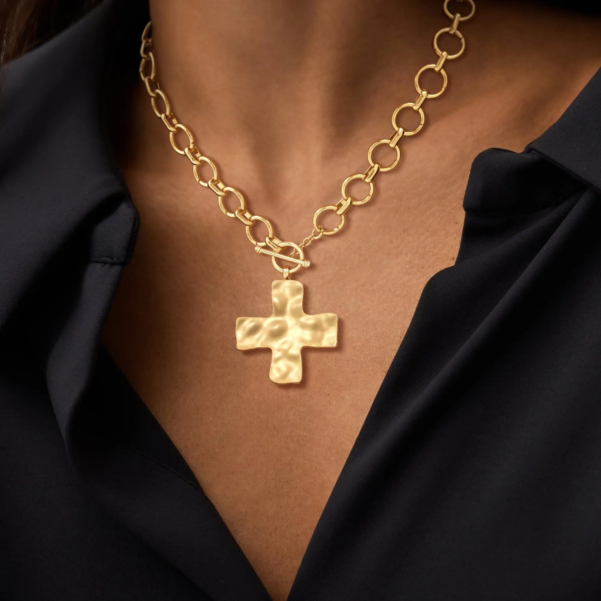 KOPERIN Gold Chunky Necklace For Women Statement Cross Pendant Necklace Layered Hammered Bold Cross Necklace Vintage Toggle Clasp Necklace Gold Chain Detail Golden Tone Chain