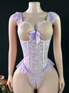 Women's Heart Lace Open Back Jumpsuit Bodysuit, Cute and Sexy Design, Semi-Transparent Sheer Fitted Shapewear, Lightweight Soft Breathable Fabric, All Seasons