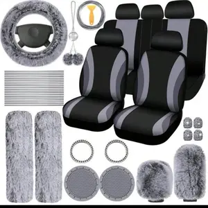 45-Piece Car Seat Covers & Interior Accessories Set, Car Interior Accessory, Polyester Five-Seat Car Seat Covers, Plush Steering Wheel Cover, Shoulder Pads, Gear Shift Knob Cover, Cup Pads, Tire Valve Caps, Stitching Trim Strips