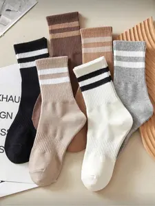 Women's Striped Breathable Casual Business Sports Running Cycling Socks, Comfortable Mid-Calf Fabric, Fall Winter Fashion, Unisex Design