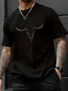 Western Boho Cow Skull Cowgirl Cowboy Bull Skull Vintage T-Shirt Menswear Casual Fitted Loose Streetwear Summer Fashion Top - Man