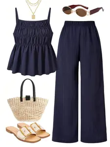 Casual Wrinkled Texture Tank Top & Wide Leg Pants Set, Sleeveless Matching Sets, Daily Wear, Vacation, Sister Photos, Spring Summer Clothing, Womenswear