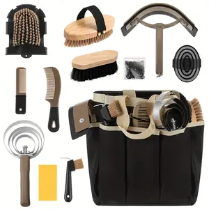 12pcs Horse Grooming Kit With Organizer Tote Bag Tack Room Supplies Horse Brush Sets Equine Care Cleaning Kit Shedding Grooming Massaging Tools(Khaki)