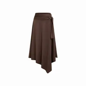 Cider Suede Mid Rise Metal Buckle Draped Ruched Asymmetrical Hem Maxi Skirt