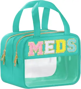 Chenille Letter Clear Medicine Makeup Bag for Travel, Preppy Patch Nylon Cosmetic Meds Pouch with Handles and Zipper, Waterproof Large Travel Toiletry Purse Storage for Women Green