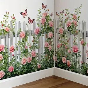 Elegant Butterfly Flower Fence Sticker, Decorative Self-Adhesive Wall Decal for Living Room Kitchen Dining Bedroom, Removable PVC