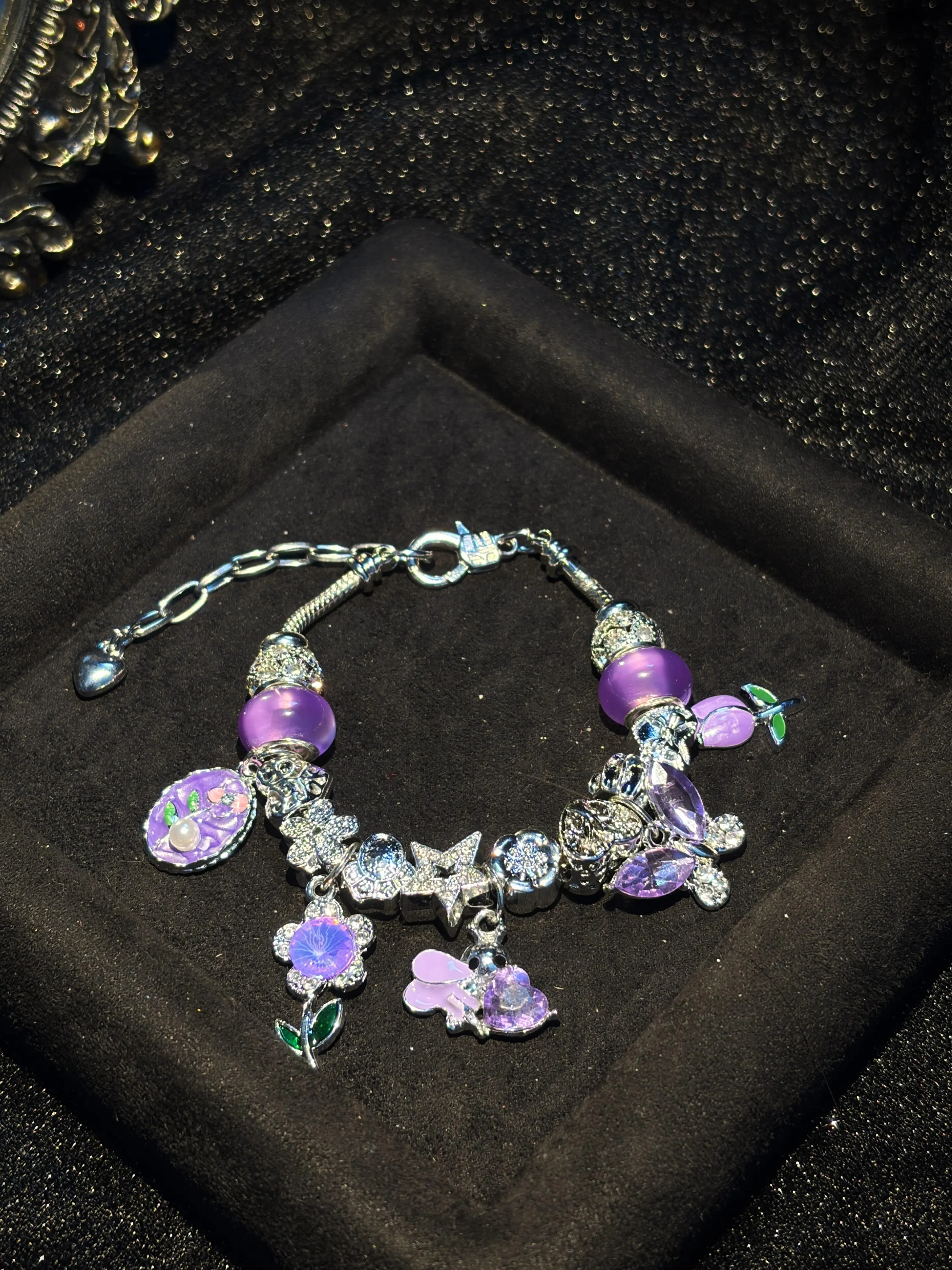 Purple Butterfly Star Charm Bracelet, Sparkling Rhinestone Beaded Snake Chain Bracelet, Dainty Dangle Charm Jewelry Gift for Women Teen Girls