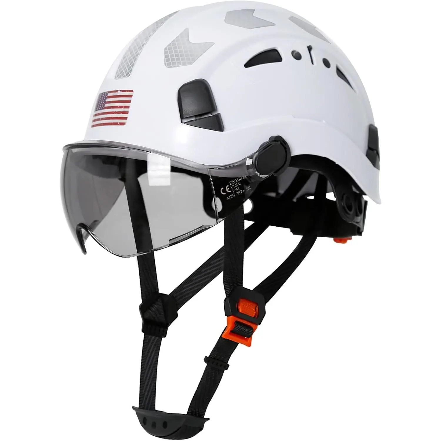 ABS Hard Hat, Ventilated Cap Style with Integrated Flip-Up Smoke Visor, 6-Point Suspension, Ratchet Adjustment & Hi-Viz Accents