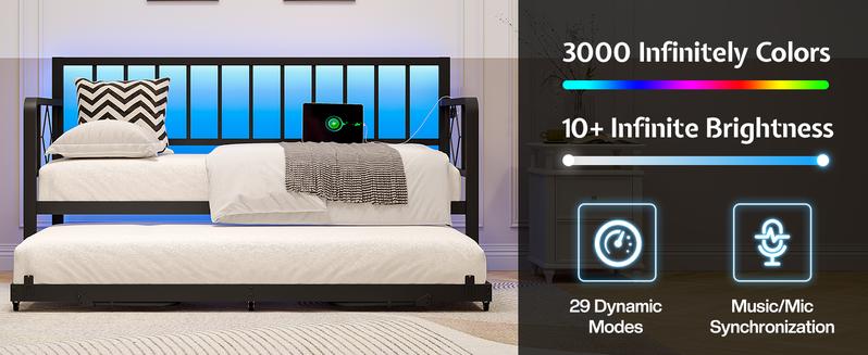 AMERLIFE Twin Daybed with Charging Station and LED Lights, Versatile Bed Frame with Steel Slats Support, Daybed with Trundle for Living Room, Bedroom, Guest Room, Black/Best Gift Ideas/Christmas Gifts