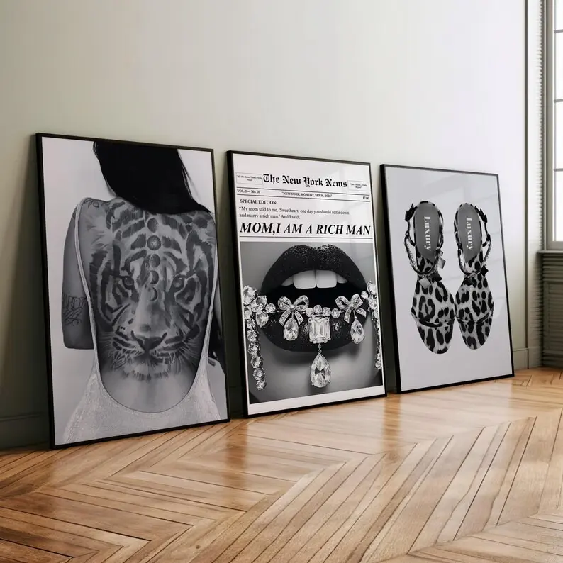 Set of 3 Chic Leopard Fashion Shoe Posters, Black and White Luxury Wall Art for Living Room