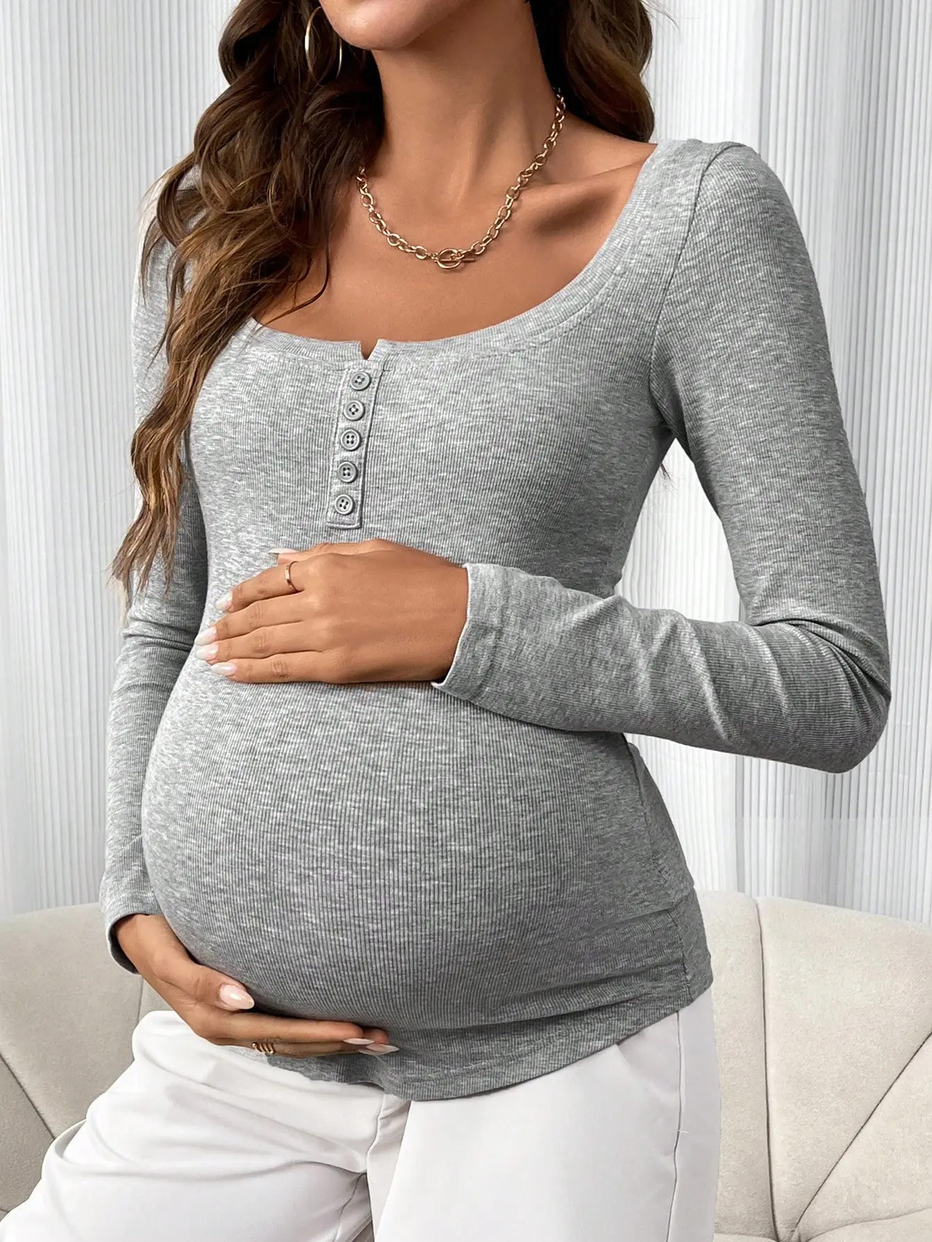 Maternity Half Button Placket Round Neck T-Shirt With Long Sleeve Fall