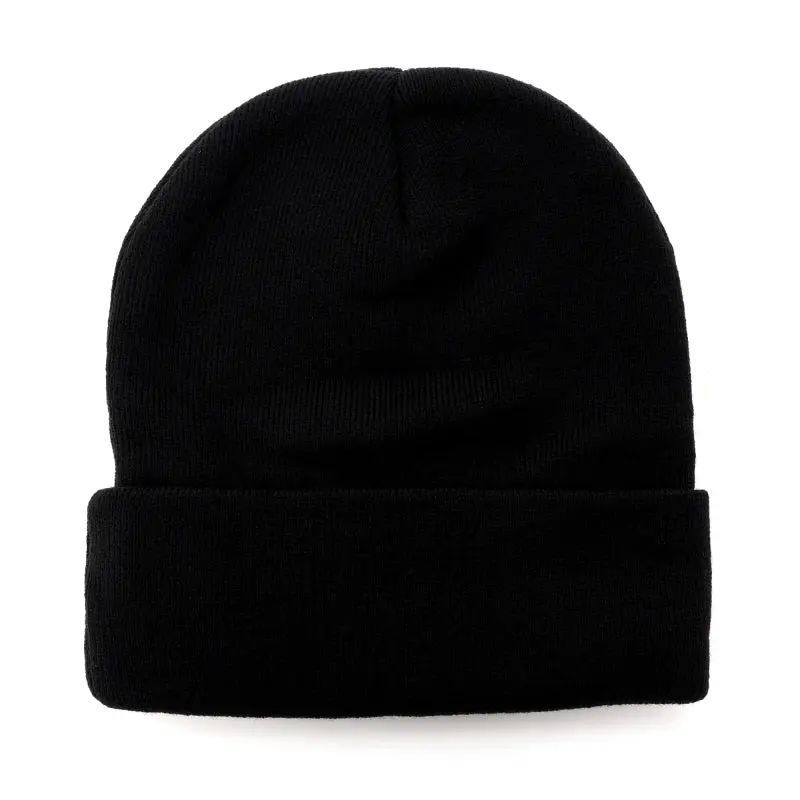 Classic Cuffed Knit Beanie, Solid Black Winter Hat for Men & Women with a Racing-Style Stacked Logo Patch