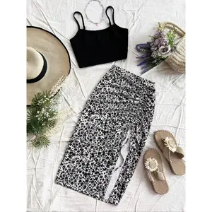 Women's Plain Adjustable Cami Top & Ditsy Floral Print Ruched Drawstring Skirt, Casual Sleeveless Top & Skirt for Summer, Two-piece Women’s Sets, Womenswear