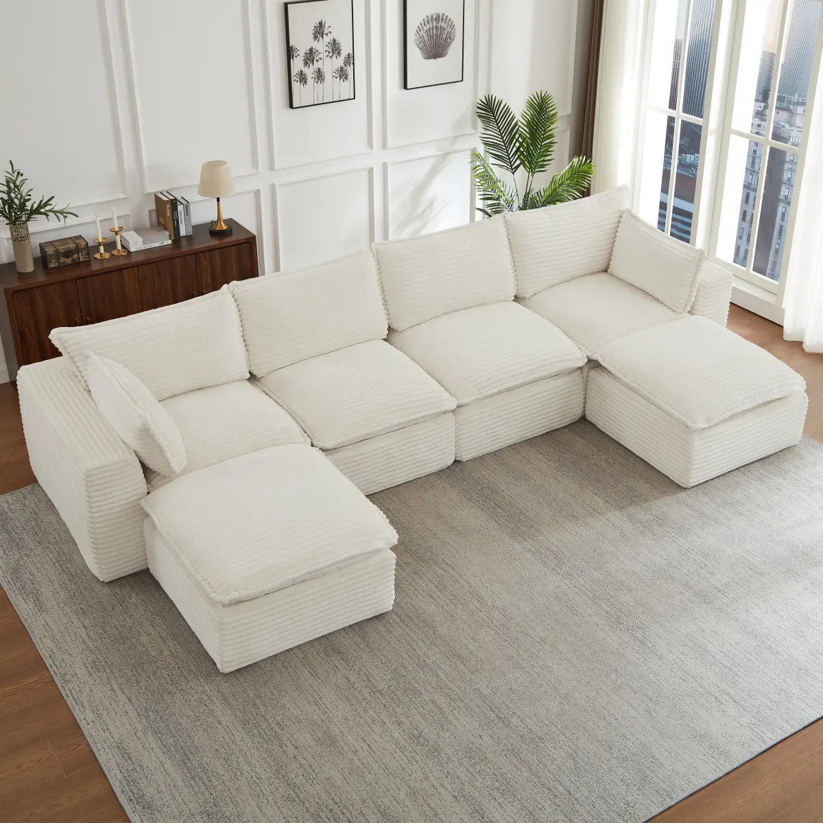 U Shape Boneless Couch, 140" Modular Sectional Sofa with 2 Ottoman, Modern Corduroy Upholstered Cloud Sofa with Deep Seat, Comfy Convertible 6 Seater Sleeper Couches for Living Room, White